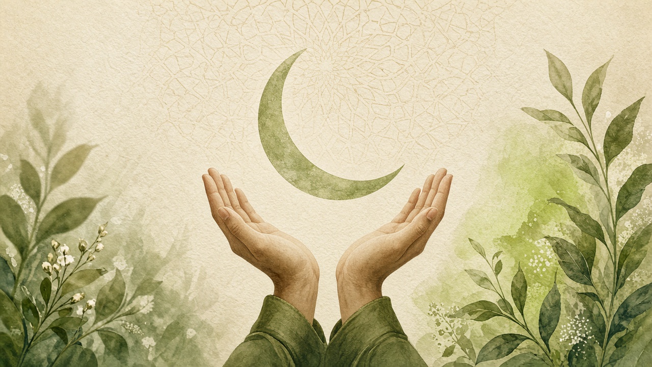 Open hands offering help beneath soft green light, symbolizing charity for Allah